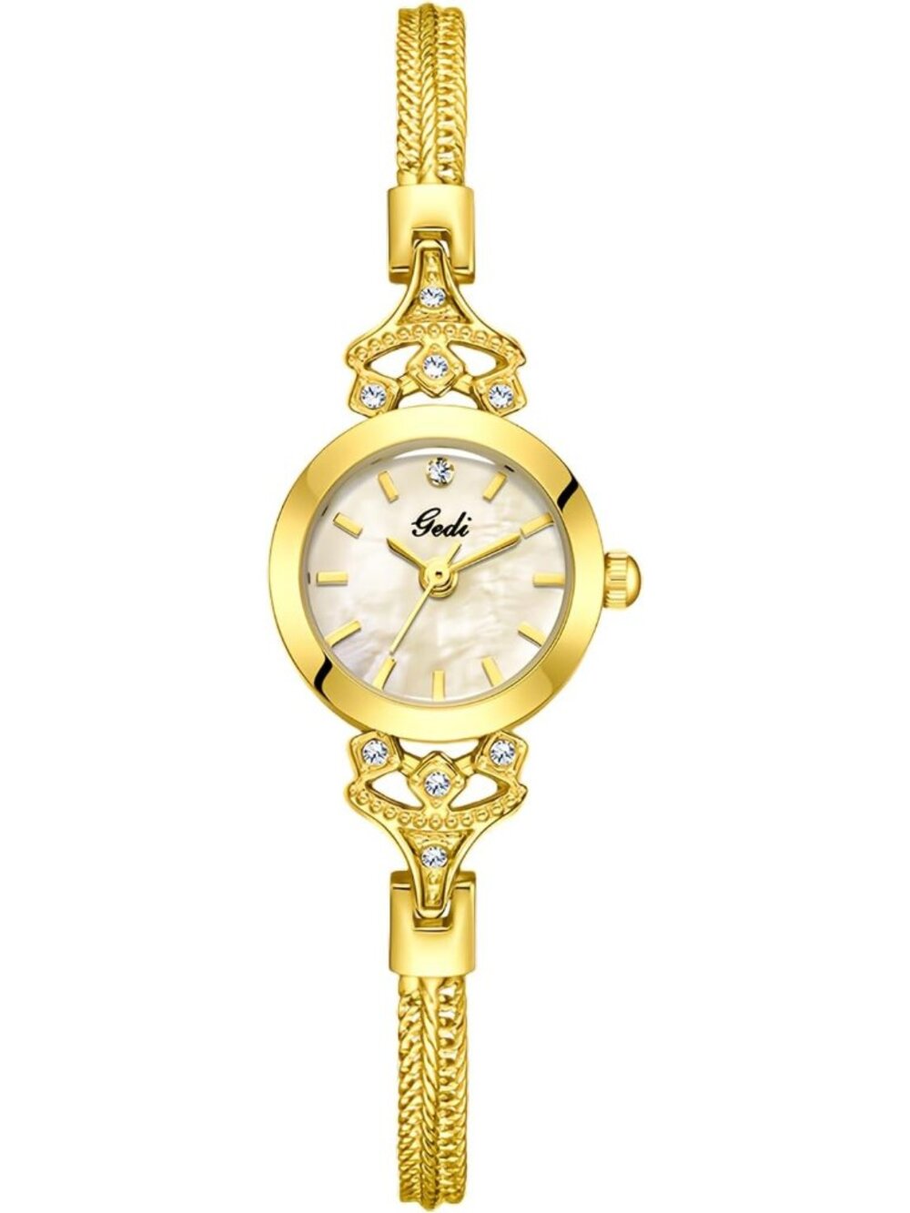 Women's Gold Elegant Steel Mesh Strap Luxury Rhinestone Pearl Dial Quartz Watch - Picture 1 of 6